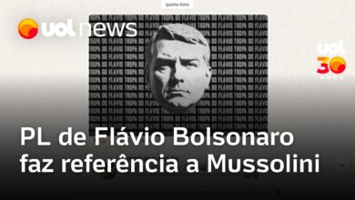 Grupo oficial do PL no WhatsApp compartilha imagem com referência a Mussolini associada a Flávio Bolsonaro
